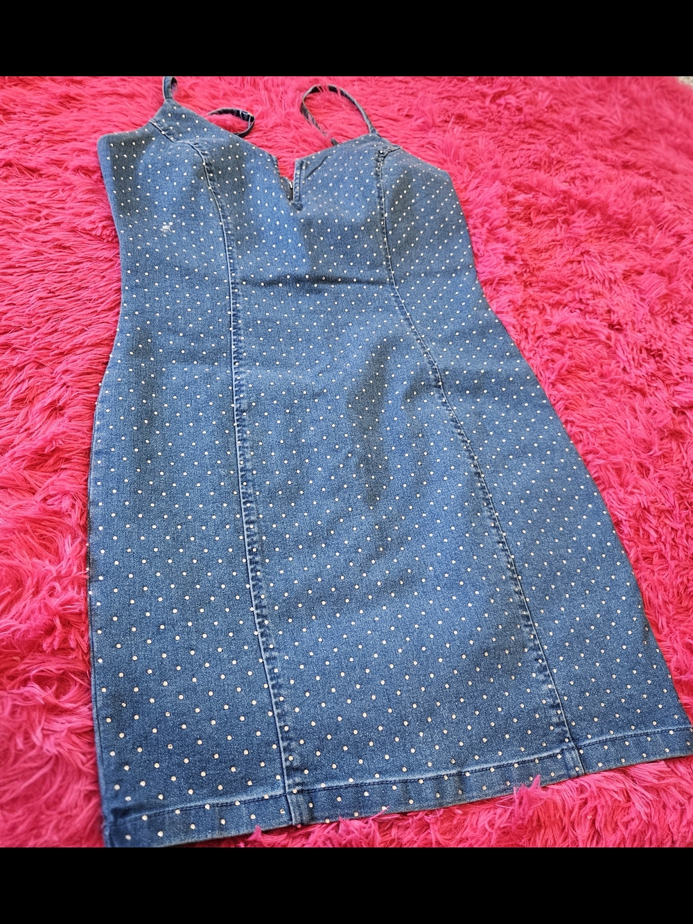 Blue Rhinestone Denim Bodycon Dress - Spaghetti Strap
